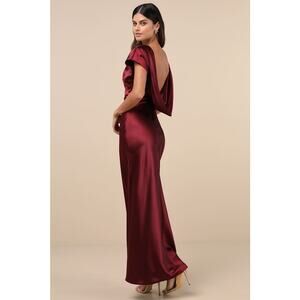 NWT Lulus Captivating Presence Wine Red Satin Cowl Back Maxi Dress Bridesmaid M